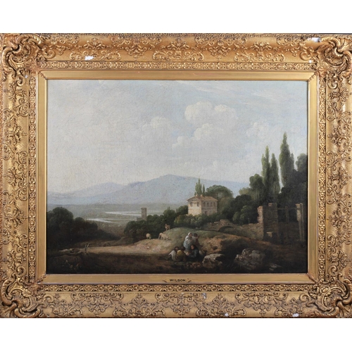 379 - FOLLOWER OF RICHARD WILSON RA (1714-1782) Italianate landscape with figures in the foreground, oil o... 