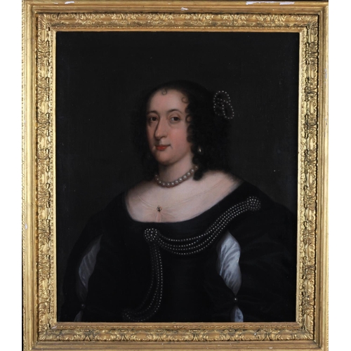 381 - FOLLOWER OF SIR ANTHONY VAN DYCK, Lady Higgins, half-length, wearing a black dress and string of pea... 