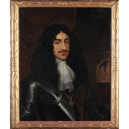 383 - ENGLISH SCHOOL LATE (17th Century) Charles II, half length, in armour with a crown at his side, oil ... 