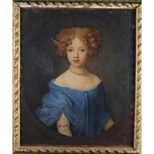 389 - ENGLISH SCHOOL (Early 18th Century), Portrait of a young lady, half-length, wearing a blue gown, pea... 