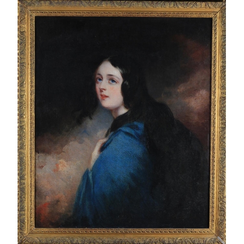 401 - ENGLISH SCHOOL (19th Century) Portrait of a young woman in a blue cloak, oil on canvas, unsigned, 76... 