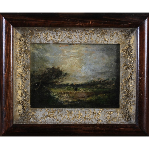 415 - MANNER OF JOHN CONSTABLE, Shepherd and sheep in a blustery summer landscape, oil on board, 13cm x 17... 