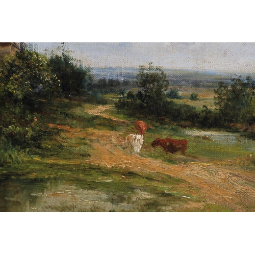 419 - JACOB MARIS (Dutch, 1837-1899) Summer landscape with barns and cottage, cows on a winding path, oil ... 