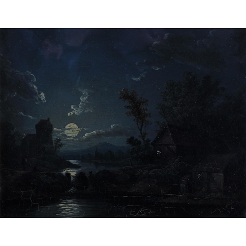 424 - ENGLISH SCHOOL (Early 20th Century), Moonlit river landscape with cottage and figure on a bridge, wa... 