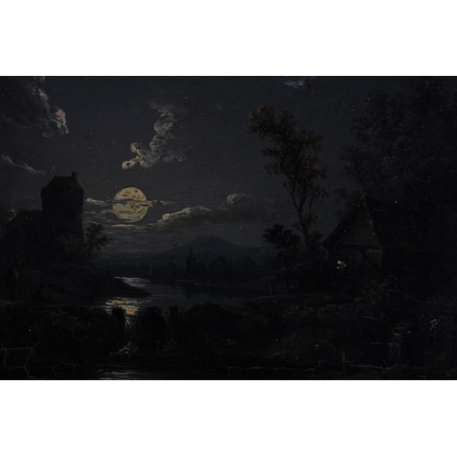 424 - ENGLISH SCHOOL (Early 20th Century), Moonlit river landscape with cottage and figure on a bridge, wa... 