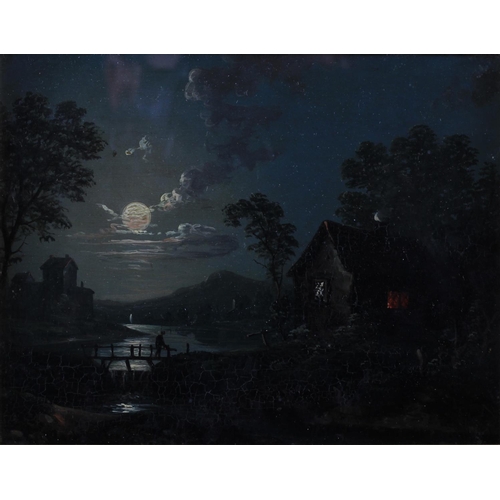 424 - ENGLISH SCHOOL (Early 20th Century), Moonlit river landscape with cottage and figure on a bridge, wa... 