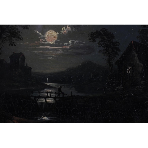 424 - ENGLISH SCHOOL (Early 20th Century), Moonlit river landscape with cottage and figure on a bridge, wa... 