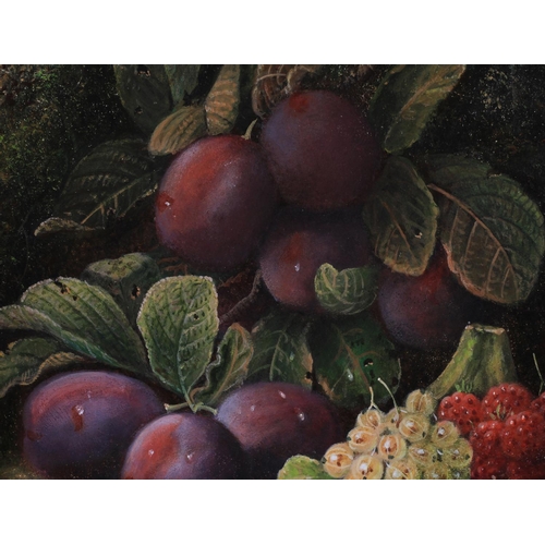 426 - OLIVER CLARE (1853-1927) Still life of plums, whitecurrants, raspberries and gooseberry, oil on canv... 