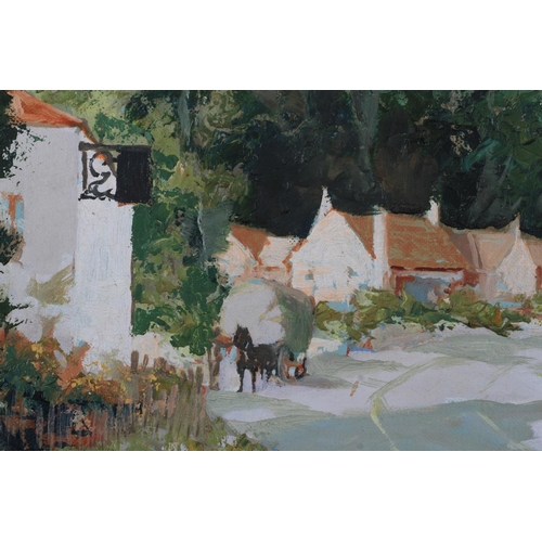 428 - ENGLISH SCHOOL, (Early 20th Century) Village inn with horse and cart, oil on canvas, unsigned, 35cm ... 