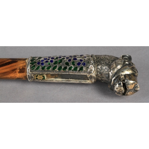 43 - A 19TH CENTURY SILVER COLOURED METAL, ENAMEL AND GLASS WALKING STICK terminal cast as a lion's head ... 