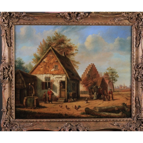 433 - CORNELIS LIxxxxx (20th century), Dutch farm
with figures, horse and cart, dog and hens, oil on board... 