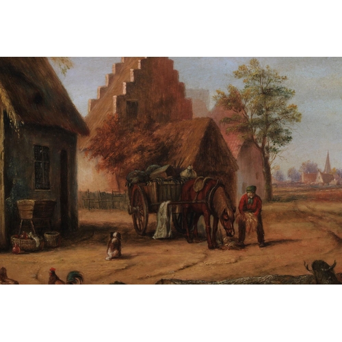 433 - CORNELIS LIxxxxx (20th century), Dutch farm
with figures, horse and cart, dog and hens, oil on board... 