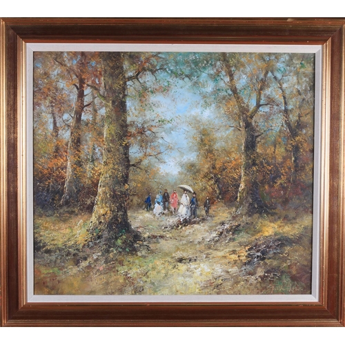 434 - FURSTENBURG (20th Century), Elegant figures in a woodland, oil on canvas, signed to lower right, 70c... 