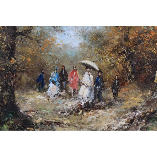 434 - FURSTENBURG (20th Century), Elegant figures in a woodland, oil on canvas, signed to lower right, 70c... 