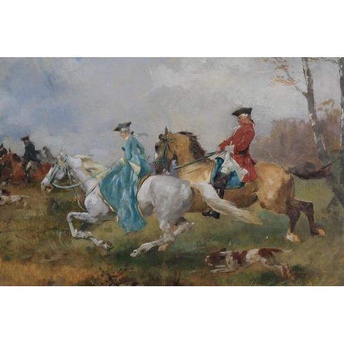 435 - ARR HELENE BUTTNER (German, 1961-1947), Hunting scene with female riding sidesaddle wearing a pale b... 