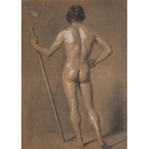 439 - LUDWIG VON ZAMBUSCH (1861-1927) Study of Male Nude, standing with his back to the artist, holding a ... 