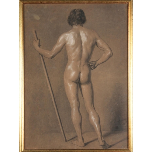 439 - LUDWIG VON ZAMBUSCH (1861-1927) Study of Male Nude, standing with his back to the artist, holding a ... 