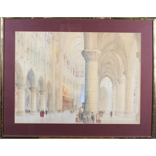 441 - LATE 19TH CENTURY Notre Dame, interior with figures, watercolour over pencil, unsigned, 54cm x 74cm