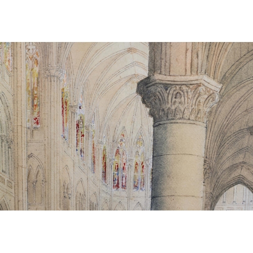 441 - LATE 19TH CENTURY Notre Dame, interior with figures, watercolour over pencil, unsigned, 54cm x 74cm