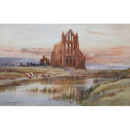 444 - J W WILLIAMS (fl.1900-1920) The Abbey, Whitby, with cattle watering, the town and abbey beyond, wate... 