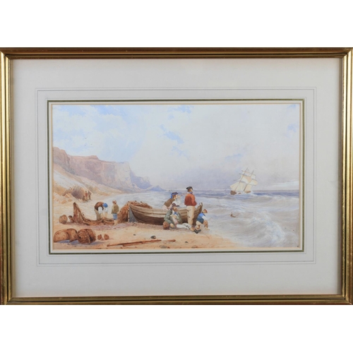 446 - ENGLISH SCHOOL (Late 19th Century) 'Near Lyme Regis, Dorset', sailors watching a sailing ship anchor... 