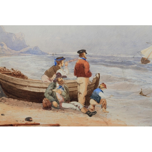 446 - ENGLISH SCHOOL (Late 19th Century) 'Near Lyme Regis, Dorset', sailors watching a sailing ship anchor... 