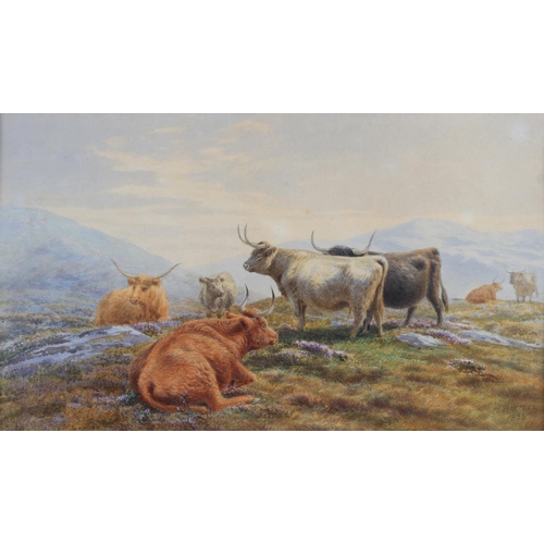 447 - HENRY BIRTLES (1838-1907), a pair, sheep and highland cattle in extensive mountainous landscapes, wa... 