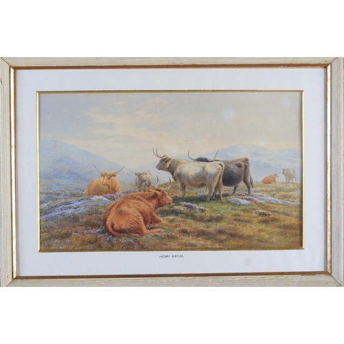 447 - HENRY BIRTLES (1838-1907), a pair, sheep and highland cattle in extensive mountainous landscapes, wa... 