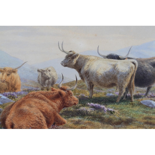 447 - HENRY BIRTLES (1838-1907), a pair, sheep and highland cattle in extensive mountainous landscapes, wa... 