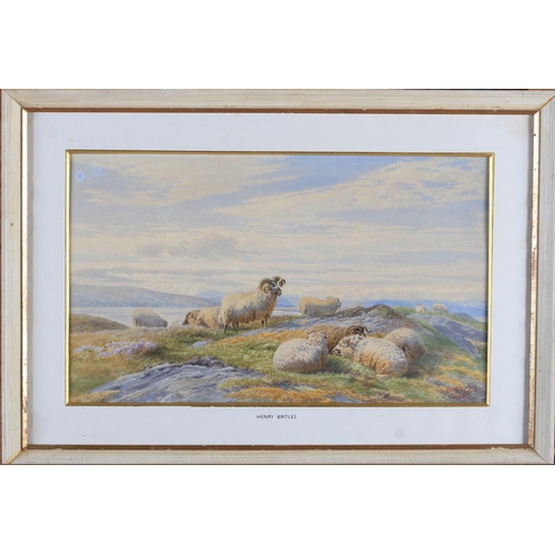 447 - HENRY BIRTLES (1838-1907), a pair, sheep and highland cattle in extensive mountainous landscapes, wa... 