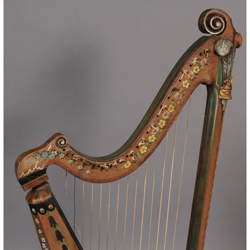 45 - A 19TH CENTURY PAINTED PINE HARP with scroll carved crown above 'Prince of Wales Feathers' and gilt ... 