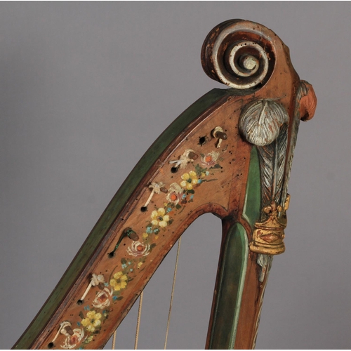 45 - A 19TH CENTURY PAINTED PINE HARP with scroll carved crown above 'Prince of Wales Feathers' and gilt ... 