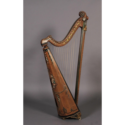 45 - A 19TH CENTURY PAINTED PINE HARP with scroll carved crown above 'Prince of Wales Feathers' and gilt ... 