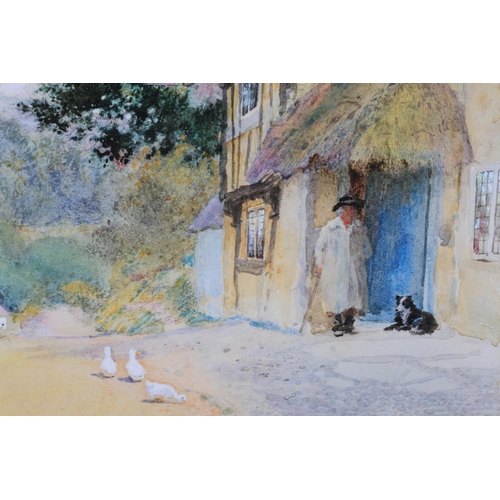 450 - ARTHUR CLAUDE STRACHAN (1865-c.1938) Cottages with figure feeding hens; yeoman and his dog at the do... 