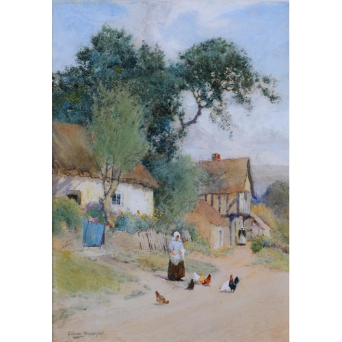 450 - ARTHUR CLAUDE STRACHAN (1865-c.1938) Cottages with figure feeding hens; yeoman and his dog at the do... 