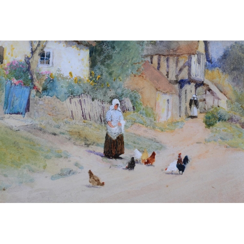 450 - ARTHUR CLAUDE STRACHAN (1865-c.1938) Cottages with figure feeding hens; yeoman and his dog at the do... 