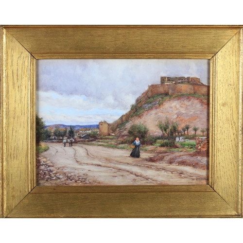 451 - JOHN DODDY WALKER (1863-1925) Castle of Denia, Spain, hilltop castle with figures on the road to mar... 