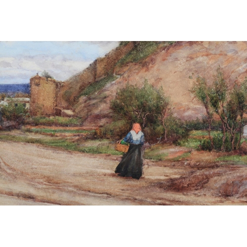 451 - JOHN DODDY WALKER (1863-1925) Castle of Denia, Spain, hilltop castle with figures on the road to mar... 