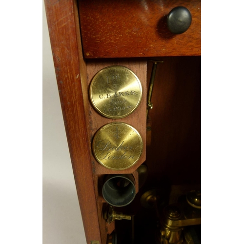 48 - A 19TH CENTURY BRASS MICROSCOPE BY C. BAKER OF LONDON, complete with lenses, magnifier and drawer of... 