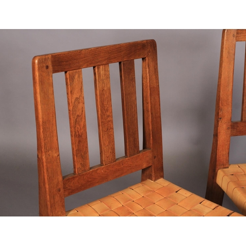 496 - A THOMPSON OF KILBURN 'MOUSEMAN' SET OF FOUR OAK SINGLE CHAIRS, each having three broad vertical rai... 