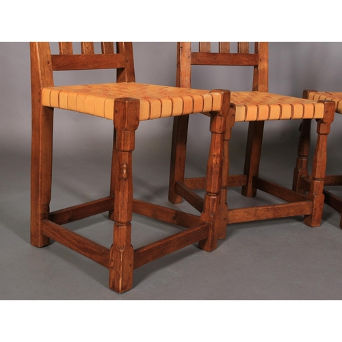 496 - A THOMPSON OF KILBURN 'MOUSEMAN' SET OF FOUR OAK SINGLE CHAIRS, each having three broad vertical rai... 