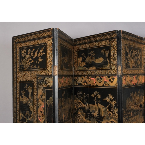 506 - A CHINESE EIGHT FOLD BLACK LACQUER AND GILT DECORATED SCREEN, the central continuous panel with land... 