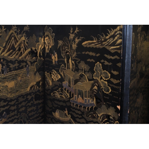 506 - A CHINESE EIGHT FOLD BLACK LACQUER AND GILT DECORATED SCREEN, the central continuous panel with land... 