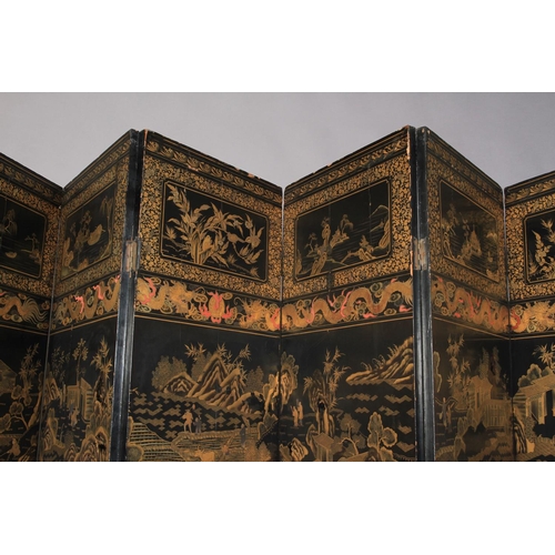 506 - A CHINESE EIGHT FOLD BLACK LACQUER AND GILT DECORATED SCREEN, the central continuous panel with land... 