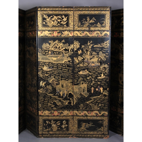 506 - A CHINESE EIGHT FOLD BLACK LACQUER AND GILT DECORATED SCREEN, the central continuous panel with land... 