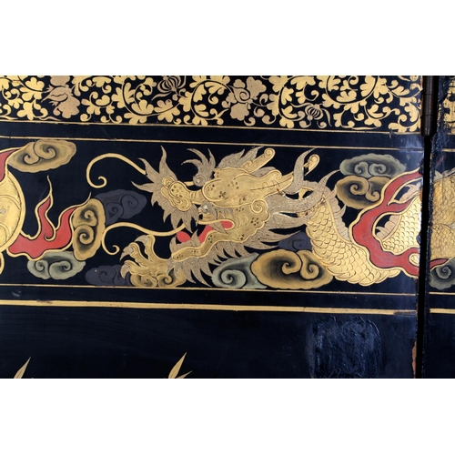 506 - A CHINESE EIGHT FOLD BLACK LACQUER AND GILT DECORATED SCREEN, the central continuous panel with land... 