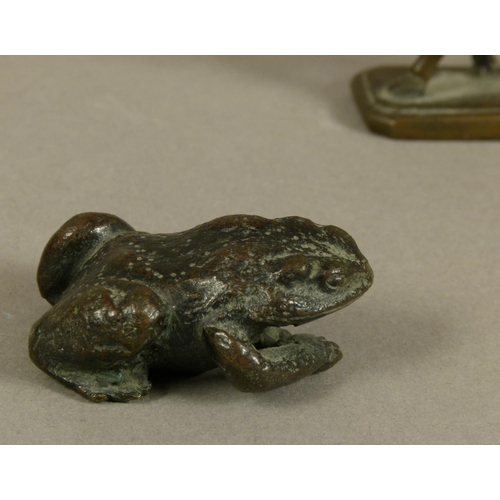 51 - A BRONZE FIGURE OF A TOAD, 4cm long together with a bronze horse with saddle and panniers, on rectan... 