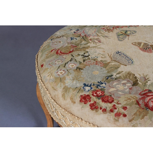 513 - AN EARLY VICTORIAN MAPLE FRAMED CIRCULAR STOOL, the stuffed over top worked in gros and petit point ... 