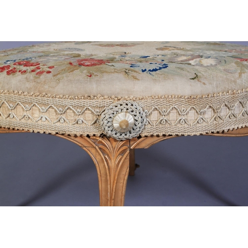 513 - AN EARLY VICTORIAN MAPLE FRAMED CIRCULAR STOOL, the stuffed over top worked in gros and petit point ... 