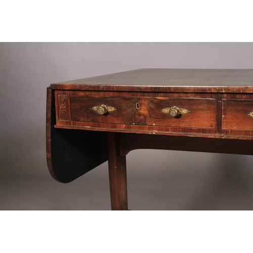 514 - A REGENCY ROSEWOOD VENEERED SOFA TABLE, fitted with pair of drawers and blind opposing, gilt metal p... 